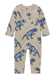 Tea Collection Long Sleeve Pocket Baby Romper T-Rex In Marble