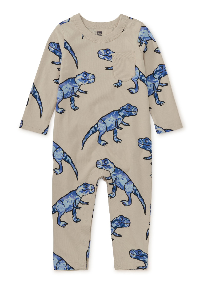 Tea Collection Long Sleeve Pocket Baby Romper T-Rex In Marble