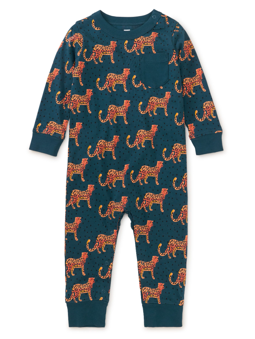 Tea Collection Long Sleeve Pocket Baby Romper Anatolian Leopards