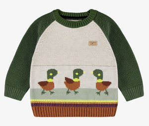 Souris Mini Green Knit Sweater With Duck Jacquard Pattern