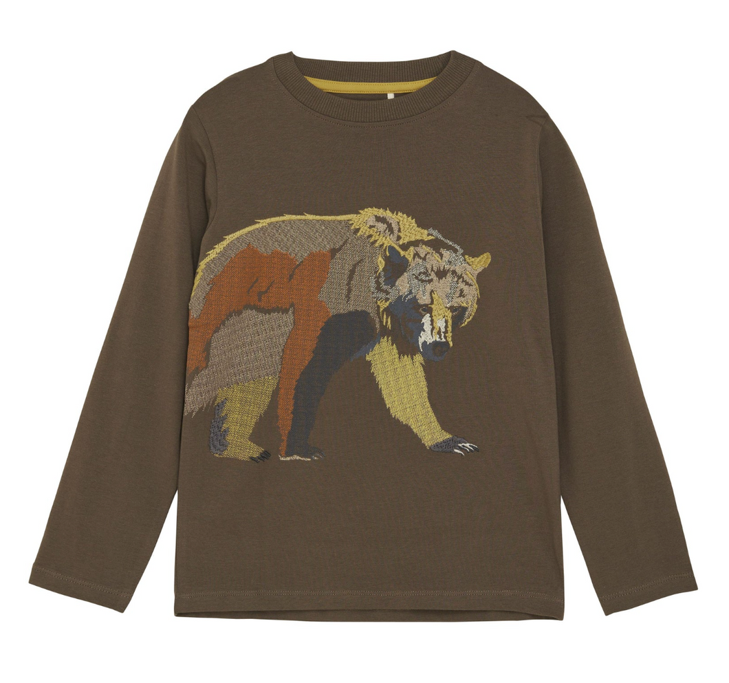 Minymo Long Sleeve Bear Olive Green Tee