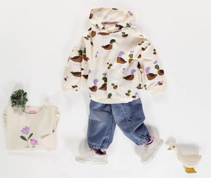 Souris Mini Cream Duck Print Hoodie In French Terry