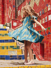 Load image into Gallery viewer, Tea Collection Flutter Sleeve Twirl Dress Blue &amp; Yellow Macaw
